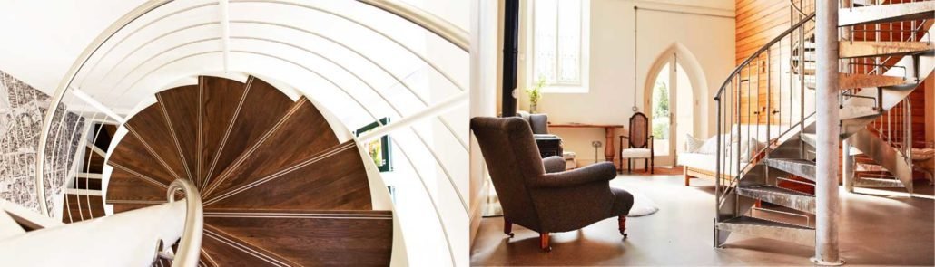 2 pictures of spiral staircases in homes