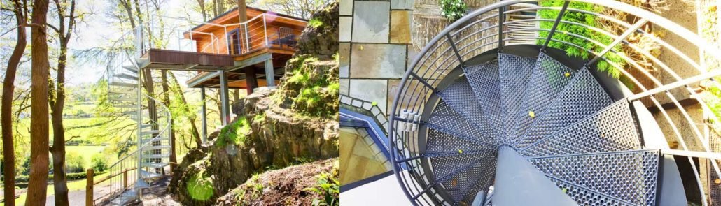 two pictures of outdoor spiral staircases, one in woodland, one to rear of house