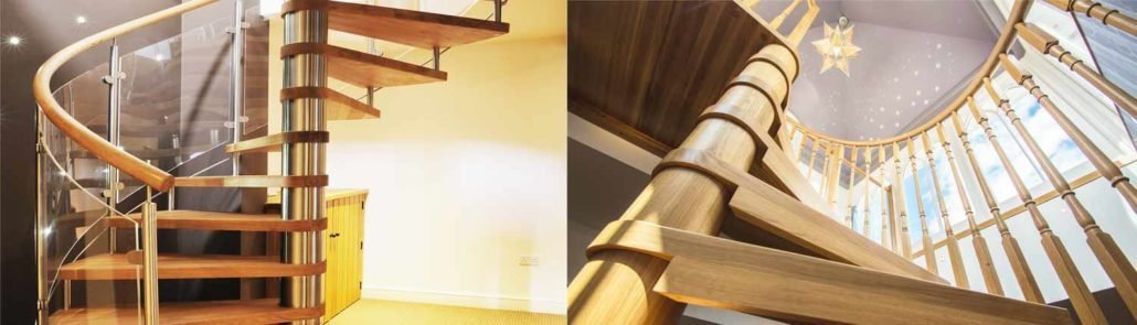 Two pictures of wooden Spiral Staircases with oak and glass