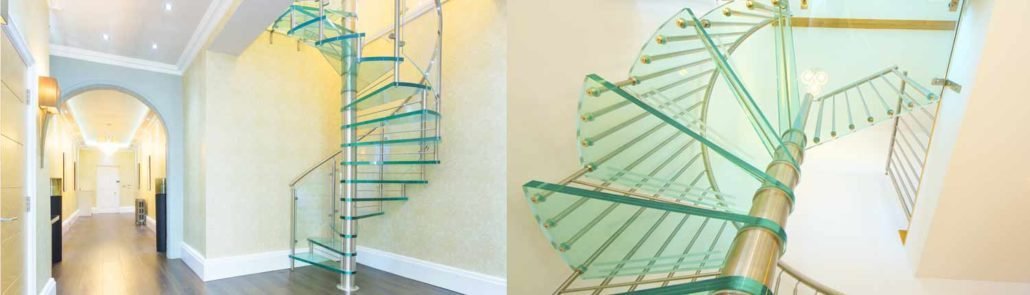 two images of modern glass spiral staircases in homes