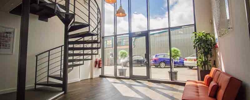 spiral in an office reception with sofa