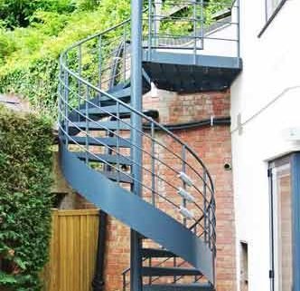 outdoor spiral stair in grey steel