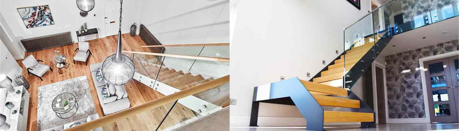 two pictures of the model 500 modern steel and wood staircase