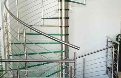 double flight large glass step spiral staircase with square platform