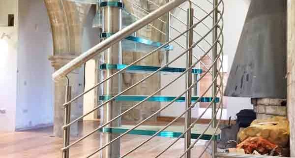 stainless steel balustrade on a glass step spiral stair