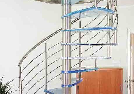 blue acrylic steps on a spiral staircase with stainless balustrade