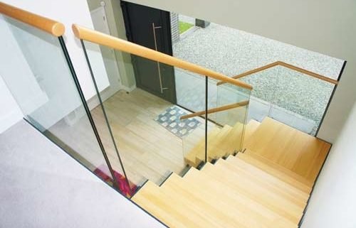 beech step staircase with frameless glass