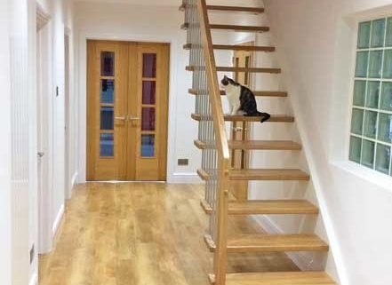 straight flight stair with open risers and cat sitting