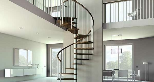 side view of spiral stair in a living space with white walls and windows