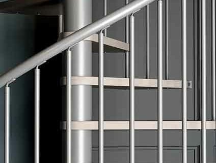 side view of steel spindles on a kit spiral staircase