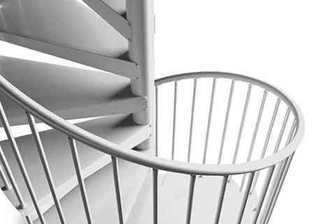 looking down on a white steel kit staircase with white background