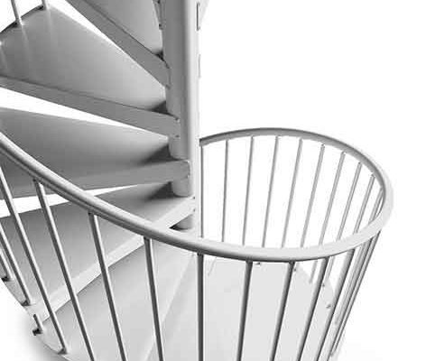 looking down on a white steel kit staircase with white background