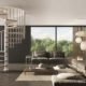 living room render with two sofas and a phola spiral stair to one side