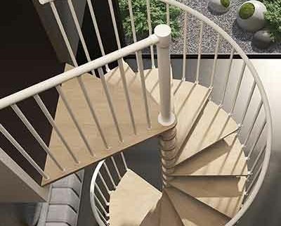 looking down on top triangular platform of the phola spiral stair in light wood