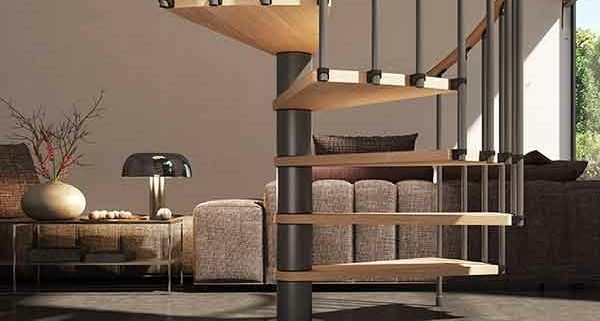 close up of phola spiral stair step with sofa behind