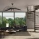 render of the Phola spiral in a living room with a large sofa and huge window behind