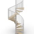 spiral stair render with light grey steel and mid timber treads with white background