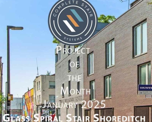 Project of the month promotional image with company logo and the background of a street in Shoreditch