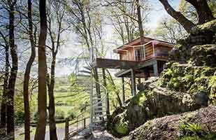 elevated log cabin in the woods with access from a spiral staircase
