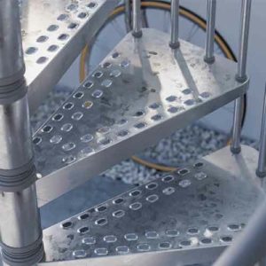 close up of exterior zink kit spiral stair tread