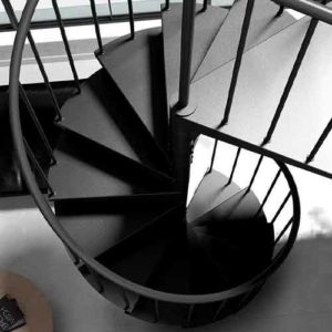 view looking down on a F20 black kit spiral staircase