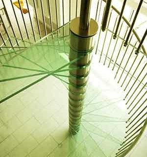 plan view from the top of a spiral stair with glass steps