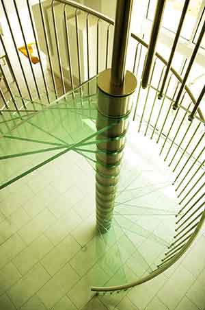 plan view from the top of a spiral stair with glass steps