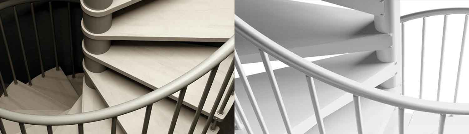 Kit spiral staircase to buy online. Two images of off the shelf spiral stair solutions