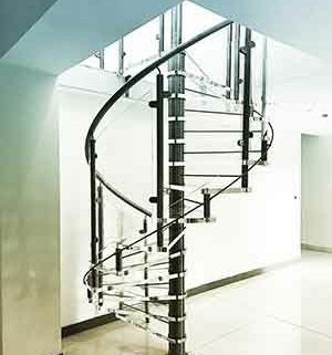 living area with spiral with acrylic panels and steps