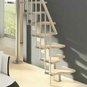 mini space saving stair in light timber with grey wall behind