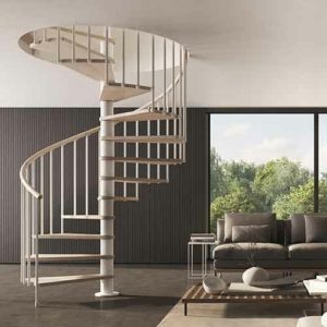 Phola kit spiral staircase in white steel, light timber steps and a large window to rear