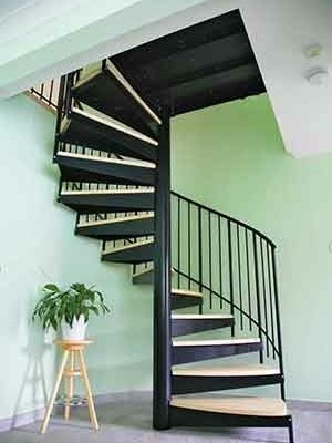 steel spiral stair with wooden steps with a light green wall to the rear and a plant