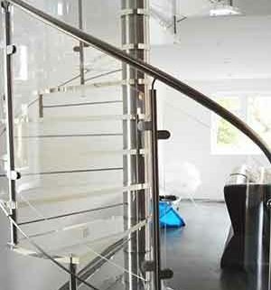 living room with a acrylic spiral staircase