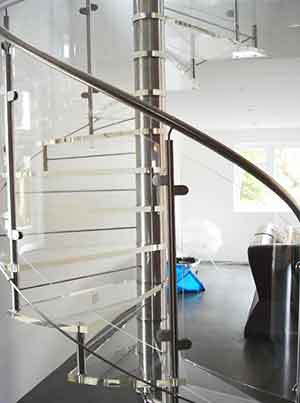 living room with a acrylic spiral staircase