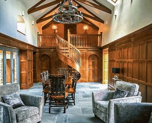 Large Oak spiral staircase with ornate spindles
