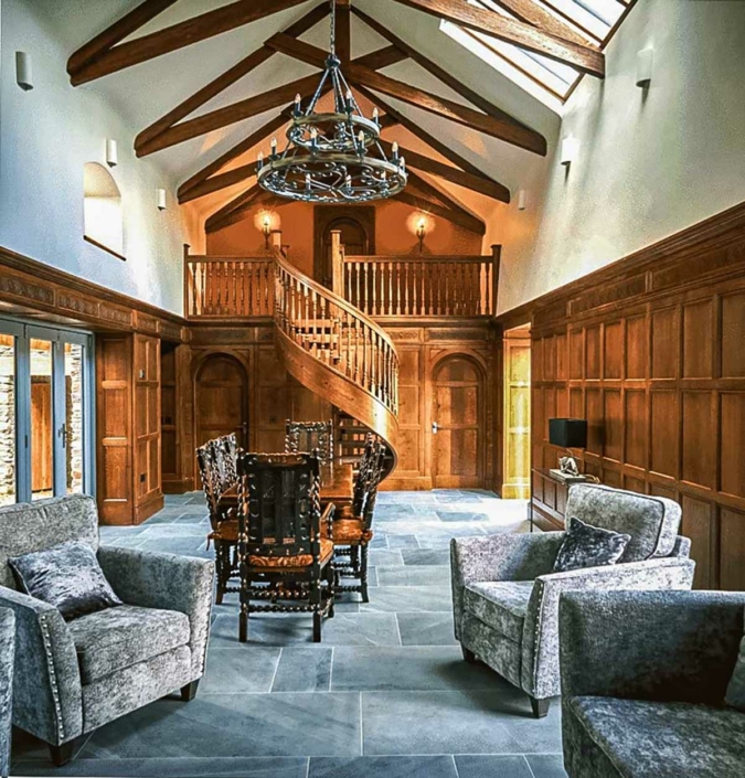 Large Oak spiral staircase with ornate spindles