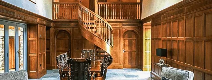 Large Oak spiral staircase with ornate spindles