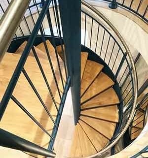 plan shot of a spiral stair with timber treads
