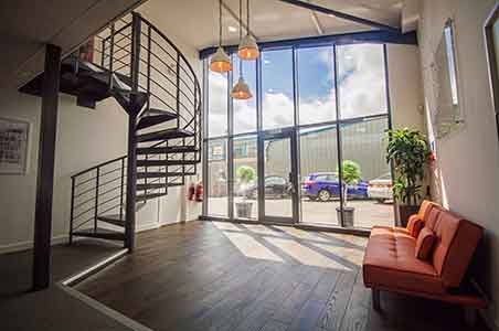 massive window in a commercial setting with a steel spiral