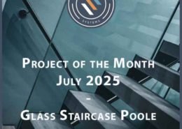 side view of stair with glass panels