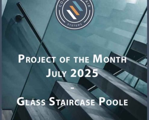 side view of stair with glass panels