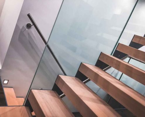 side view of an open riser timber step stair