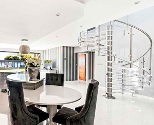 transparent spiral stair in a kitchn