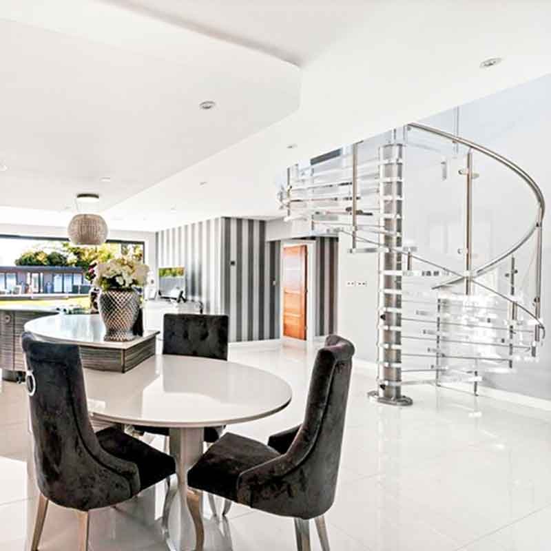 transparent spiral stair in a kitchn