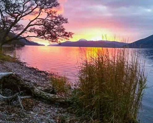 sunset over a lake with trees in foreground and hills in background